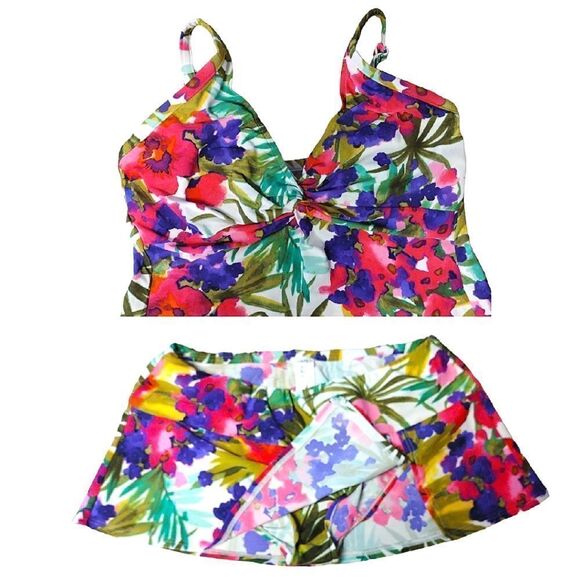 VTG 90s SUNSETS Tropical Print Tankini with Skirt Swimsuit Set 36D Large - Picture 1 of 16